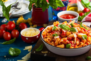 Pasta with spicy tomato sauce.