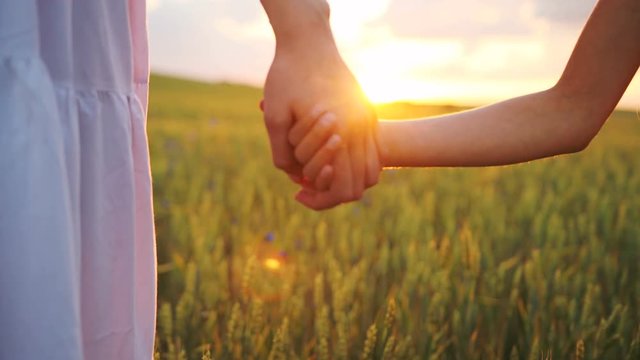 Little daughter giving hands to mother taking the hands of at golden field on the sunset background. Close up shot.