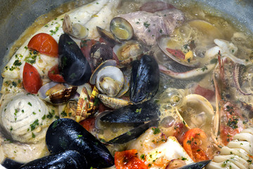 Italy,Sorrento; in the kitchen, fish soup still cooking.