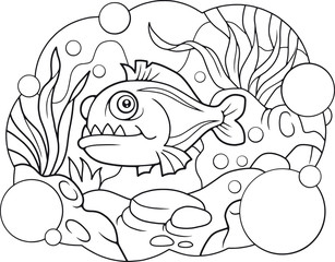 Funny cartoon piranha, coloring book

