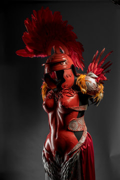 Ancient Praetorian, red armor for women with Roman helmet, adaptation of the classic style to one of fantasy.