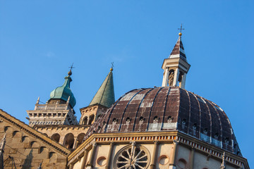 Bergamo, Old city (Città Alta). Drone aerial view of domes and summits of church bells