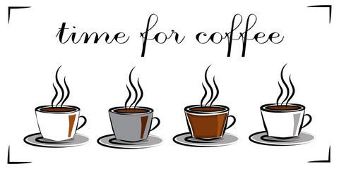 Cups with hot coffee. Time for coffee. Concept.