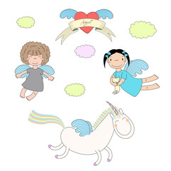 Hand drawn vector illustration of two cute little angel girls, one holding kitten, and unicorn, winged heart and text Angel on a ribbon.