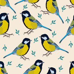 Bird  illustration tomtit with leaves floral background