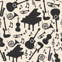 Musical instruments silhouette icons background pattern