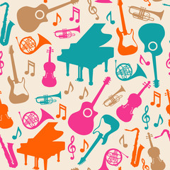 Musical instruments silhouette icons background pattern
