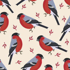 Bird  illustration bullfinch with leaves floral background