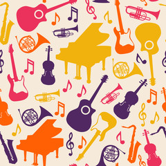 Musical instruments silhouette icons background pattern
