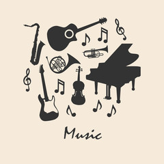 Musical instruments silhouette icons background pattern