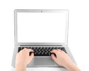 Young woman working with laptop on white background