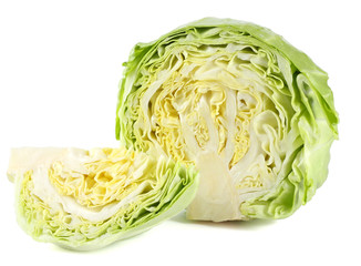 Cut green cabbage isolated on white background