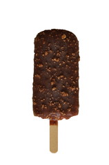 Chocolate ice lolly with nuts on the white isolated background. Ice cream lolly,summer hot day. Cold yummy ice cream .Ice cream concept background.