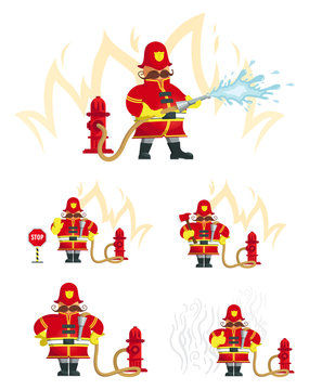 Set of fireman characters in different poses. Vector illustration
