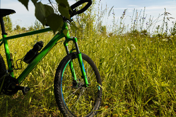 Fototapeta na wymiar mountain bike wheel on green grass