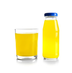 Bottle and glass with delicious juice on white background