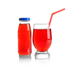 Bottle and glass with delicious juice on white background