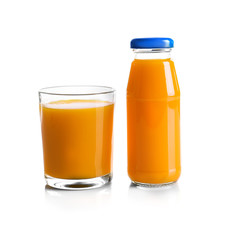 Bottle and glass with delicious juice on white background