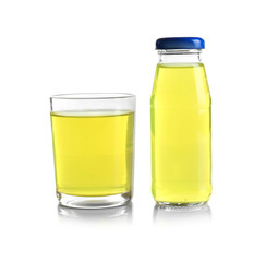 Bottle and glass with delicious juice on white background