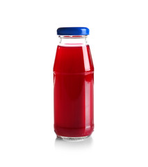 Delicious juice in bottle on white background