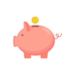 Piggy bank with coin icon, isolated flat style. Concept of money, investment, banking or business services. Vector illustration.