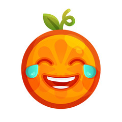 Laugh with tears emoji. Laughing with tears orange fruit emoji. Vector flat design emoticon icon isolated on white background.