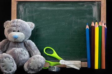 Teddy bear and colorful  crayons in front of the table. Back to school decoration.