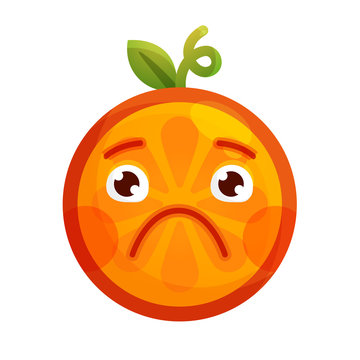 Sad emoji. Sad despondent orange fruit emoji feeling like crying. Vector flat design emoticon icon isolated on white background.