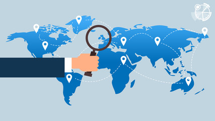 Hand Hold Magnifying Glass Over World Map Searching Place For Vacation Gps Pin Vector Illustration