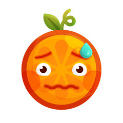 Worry emoji. Worrying orange fruit emoji with drop of sweat. Vector flat design emoticon icon isolated on white background.