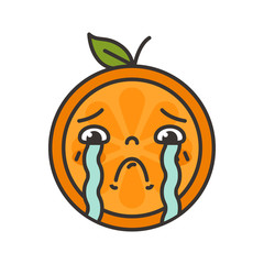 Tears crying emoji. Crying orange fruit emoji with tears. Vector flat design emoticon icon isolated on white background.