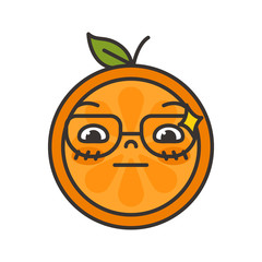 Cute smile emoji wearing glasses. Smiley smart orange fruit emoji with glasses. Vector flat design emoticon icon isolated on white background.