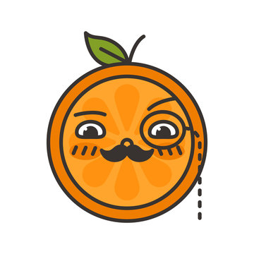 Gentleman smile emoji. Smiley orange fruit emoji with mustache and monocle. Vector flat design emoticon icon isolated on white background.