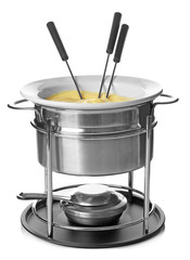 Delicious cheese fondue and sticks in pot on white background
