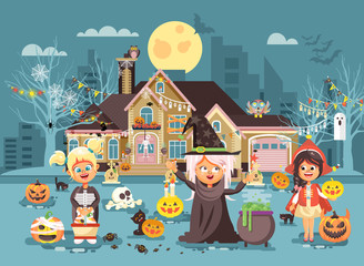 Vector illustration cartoon characters children Trick-or-Treat, girls costumes, fancy dresses skeleton, witch, Little Red Riding Hood celebrate holiday party Happy Halloween, pumpkins flat style