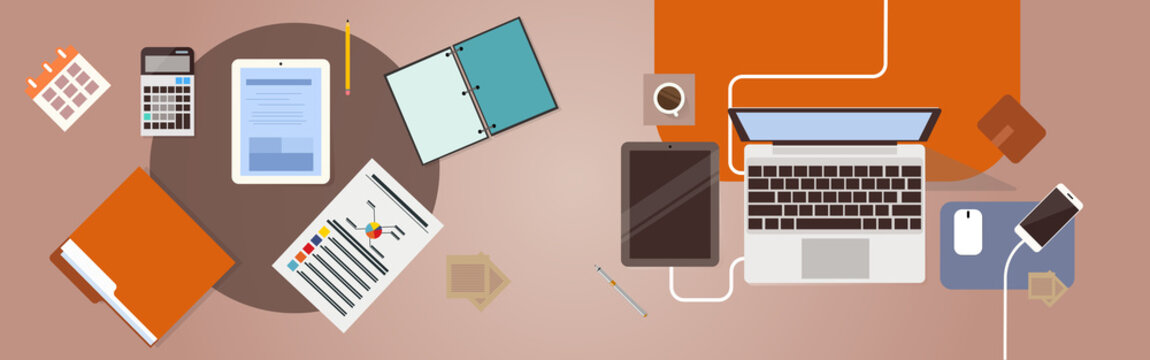 Workplace Desk Top Angle View Tablet Laptop Computer With Paper Documents Reports Finance Graph Flat Vector Illustration