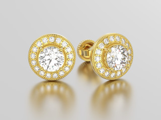 3D illustration two yellow gold diamonds earrings with reflection