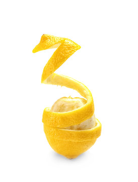 Delicious peeled citrus fruit on white background