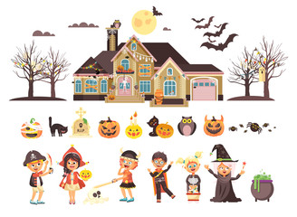 Vector illustration isolated children Trick-or-Treat boy, girl, costumes fancy dresses holiday party Happy Halloween, horror house decorated pumpkins, skeletons, bats flat style white background