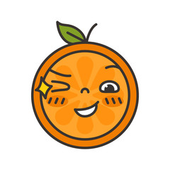 Wink emoji. Winking smiley orange fruit emoji. Vector flat design emoticon icon isolated on white background.