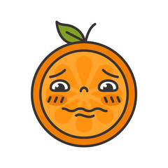 Worry emoji. Worrying orange fruit emoji with drop of sweat. Vector flat design emoticon icon isolated on white background.