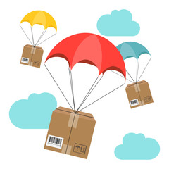 Delivery service. Parachute with parcel in the sky. Shipping, delivery concept. Flat design. Vector illustration