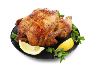 Plate with tasty homemade lemon chicken on white background