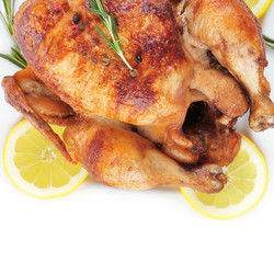Tasty homemade lemon chicken on white background