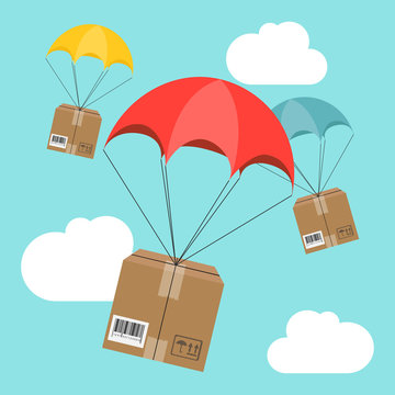 Delivery Service. Parachute With Parcel In The Sky. Shipping, Delivery Concept. Flat Design. Vector Illustration