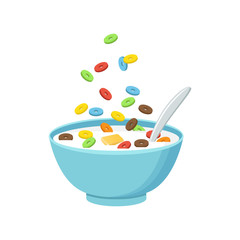 Cereal bowl with milk, smoothie isolated on white background. Concept of healthy and wholesome breakfast. Vector illustration