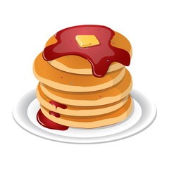 Vector illustration. Fresh tasty hot pancakes with sweet maple syrup. Cartoon icon isolated on background. Vintage restaurant sign.