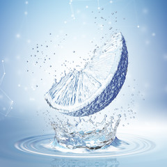 lemon made out of water splashes. Blue background