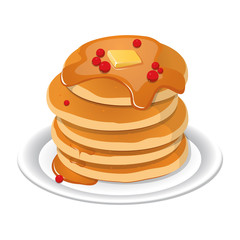 Vector illustration. Fresh tasty hot pancakes with sweet maple syrup. Cartoon icon isolated on background. Vintage restaurant sign.