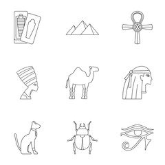 Egyptian pyramids icons set, outline style